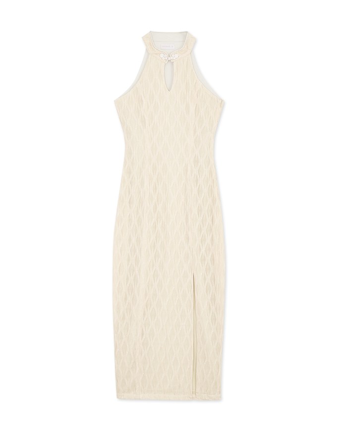Textured Shaved Shoulder Slit Long Cheongsam Dress