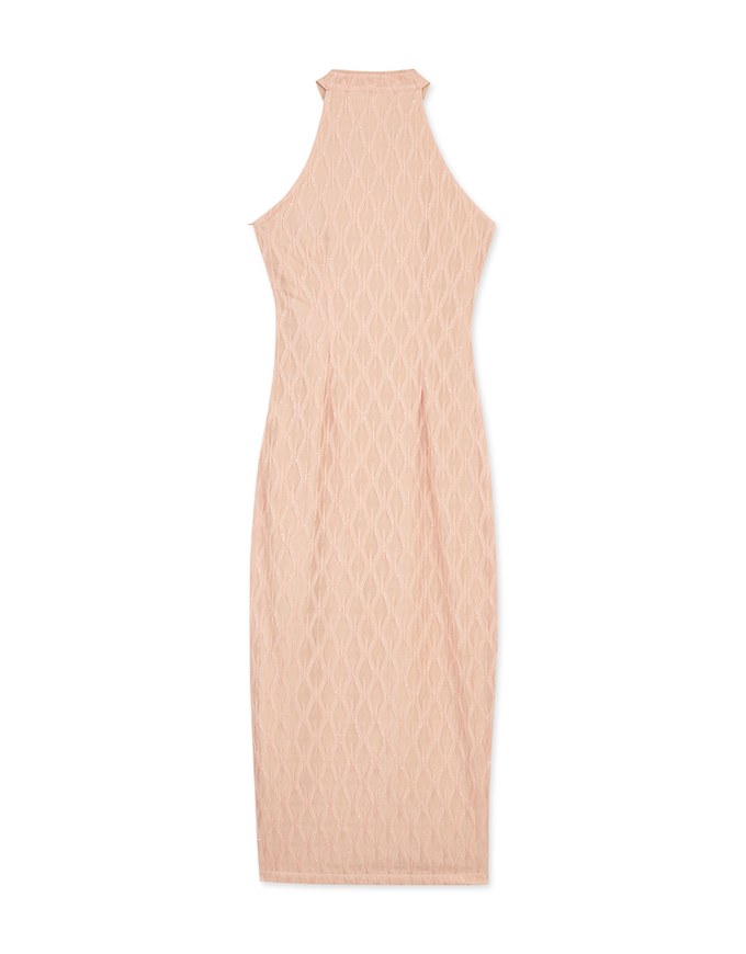 Textured Shaved Shoulder Slit Long Cheongsam Dress