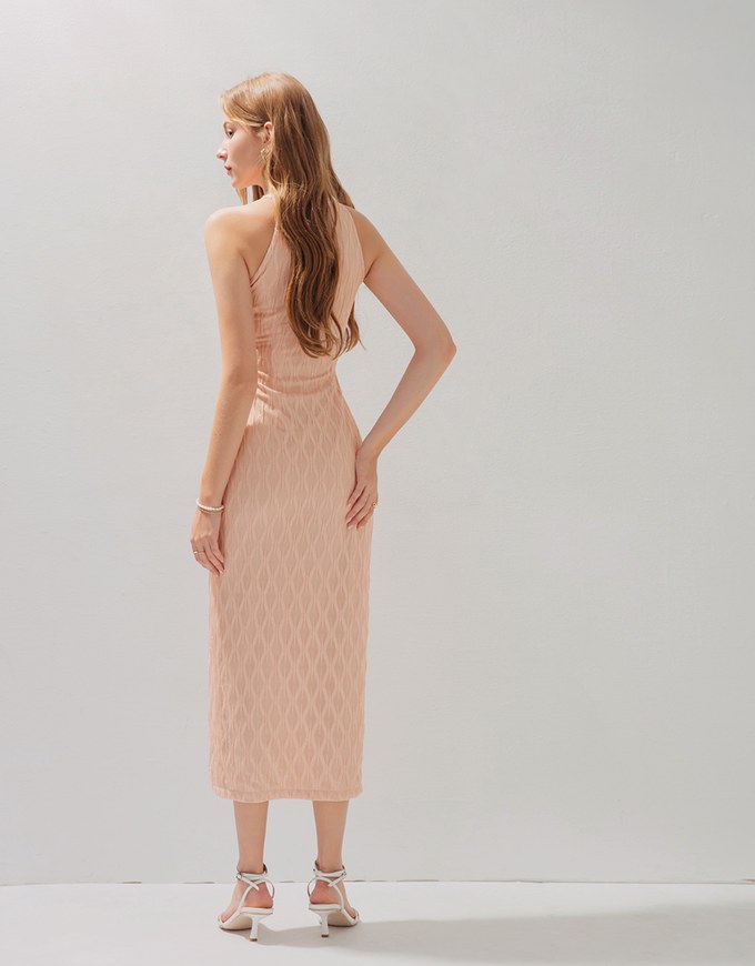 Textured Shaved Shoulder Slit Long Cheongsam Dress