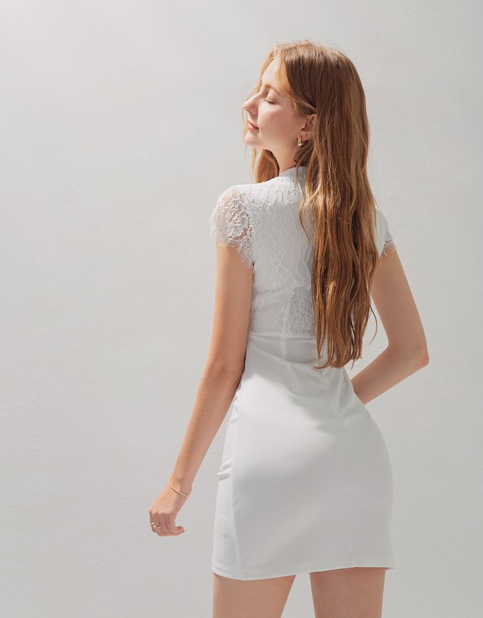 Lace Stitching Waist Cutout Mini Cheongsam Dress