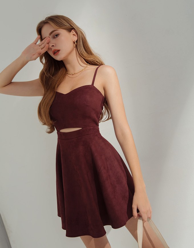 Sweetheart Hollow Suede Cami Dress (With Padding)
