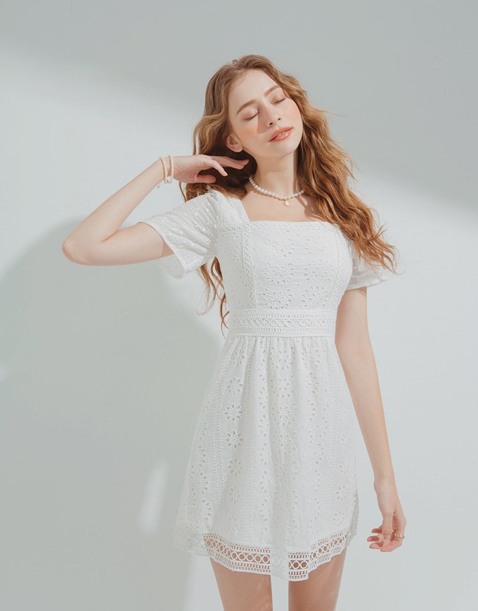 Broderie Anglaise Square Neck Lace Mini Dress