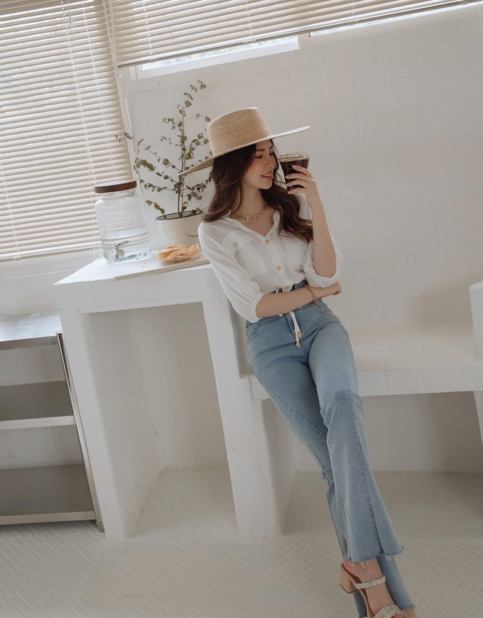 Sheer Gingham Hem Drawstring Pocket Blouse