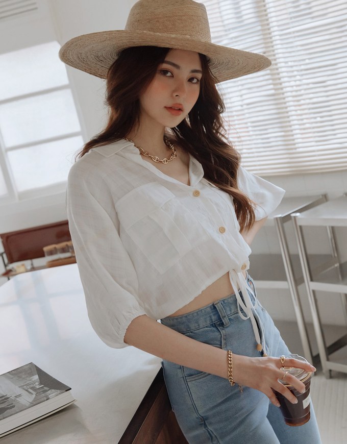 Sheer Gingham Hem Drawstring Pocket Blouse