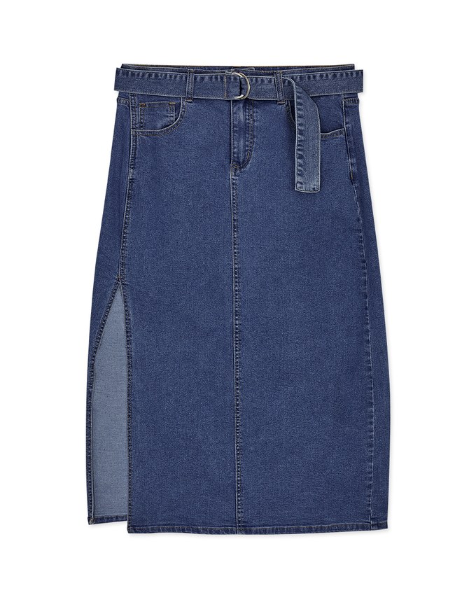 Side Slit Denim Pencil Skirt (With Belt)