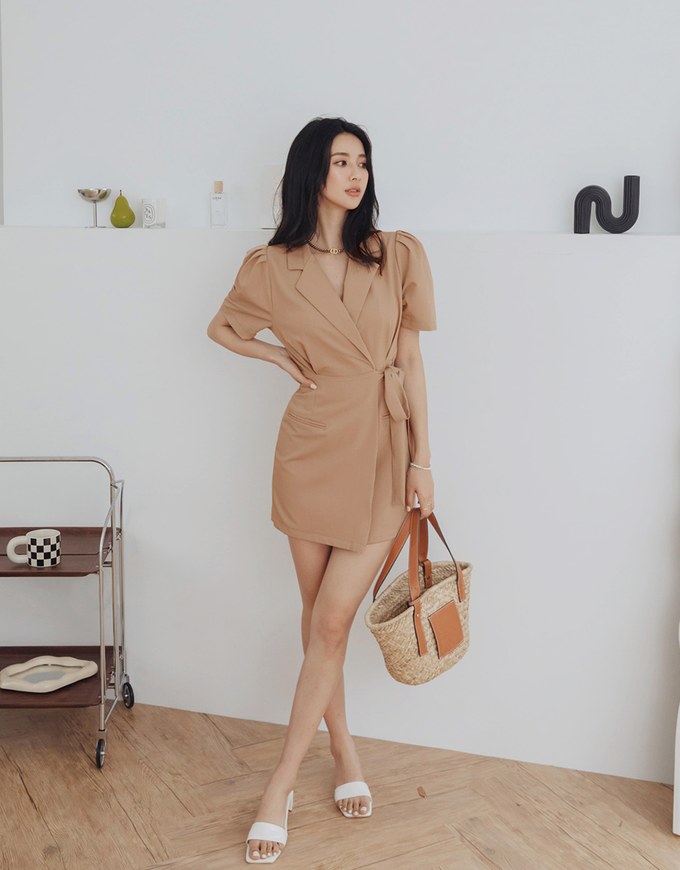 Edgy Chic Side-Tie Scrunch Puff Sleeve Suit Mini Dress