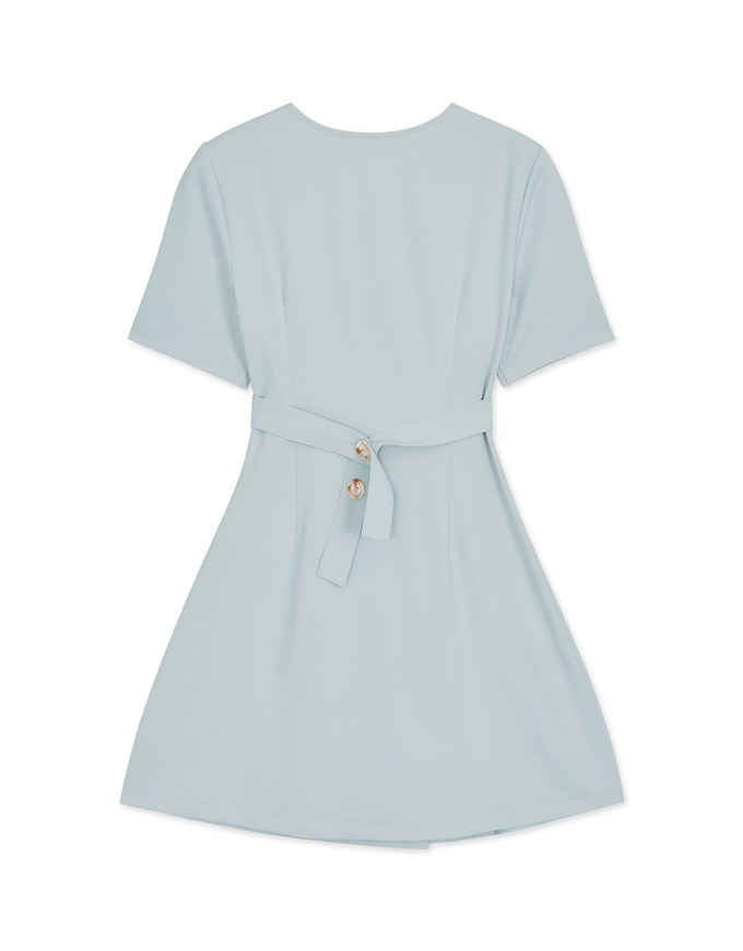Waist Pleats Row Button Back Button Waist Short Dress