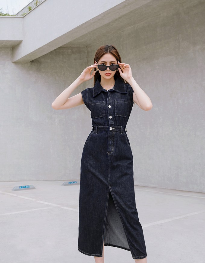 【Vacanza 】 Long Denim Dress With Lapel Collar And Placket Button Slit