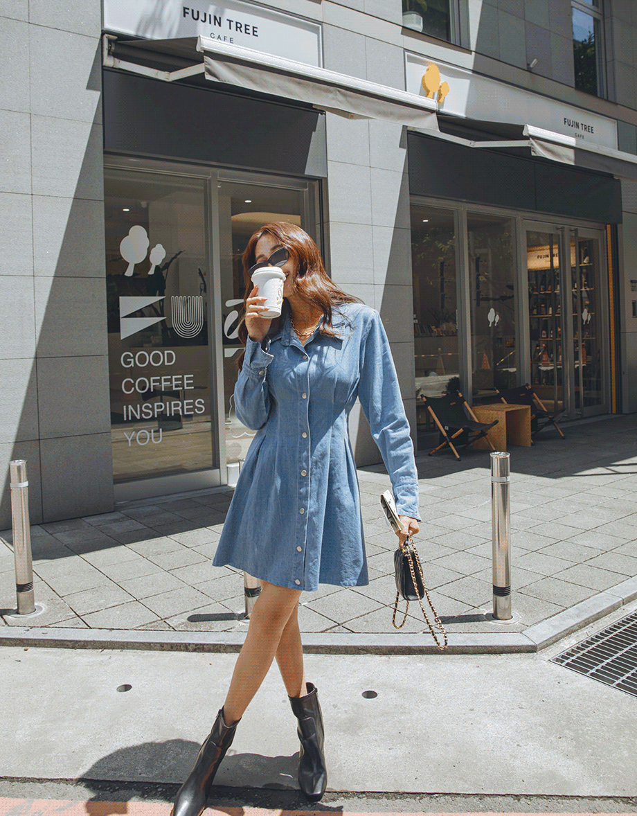 Buttoned Pleated Denim Shirt Dress