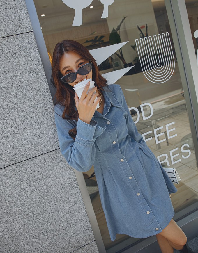 Buttoned Pleated Denim Shirt Dress
