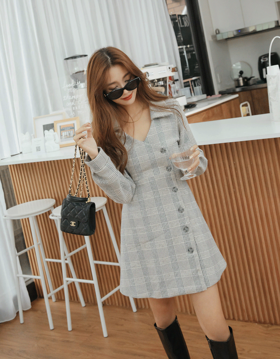 Checkered Lapel Diagonal Button Suit Dress