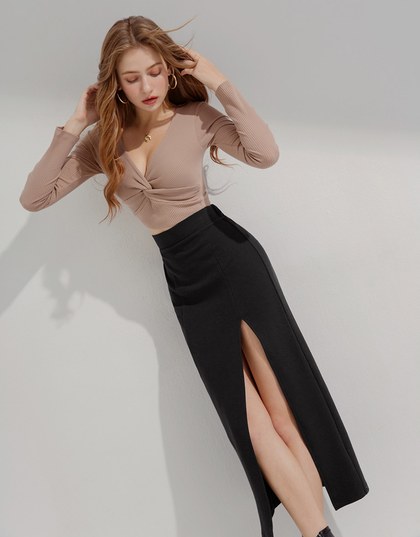 High Waist Tweed Slit Elastic Long Skirt