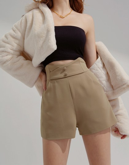 Overlapping V Neck Double Button High Waist Shorts