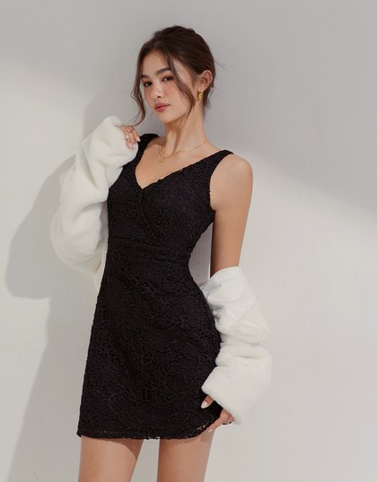 V-Neck Lace Wide Shoulder Strap Mini Dress
