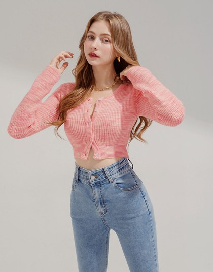 Mixed Color Button Down Knitted Crop Blouse