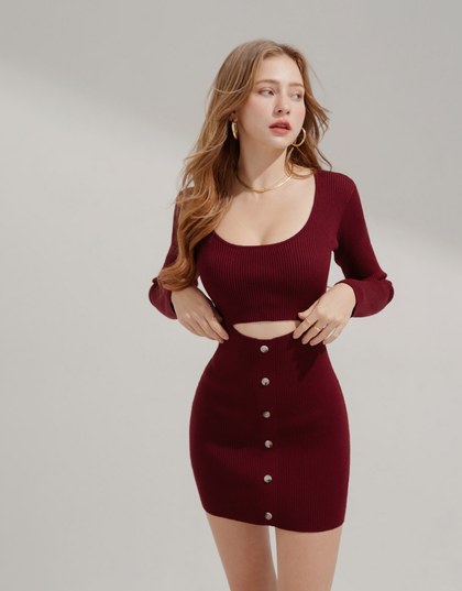 U-Collar Button-Down Knitted Short Dress