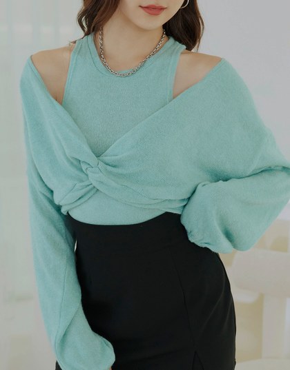 Twisted Puff Sleeve Knitted Two Piece Top