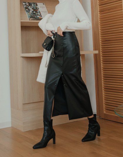 Textured Buttoned Leather Maxi Skirt