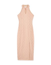 Textured Shaved Shoulder Slit Long Cheongsam Dress
