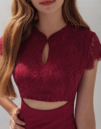 Lace Stitching Waist Cutout Mini Cheongsam Dress