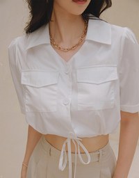 Double Pockets Waist Drawstring Crop Blouse
