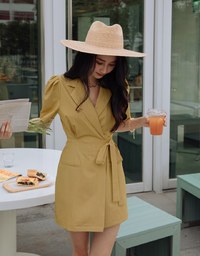 Edgy Chic Side-Tie Scrunch Puff Sleeve Suit Mini Dress