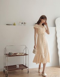2WAY Striped Buttoned Splice Maxi Dress (With Belt)