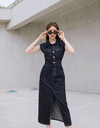 【Vacanza 】 Long Denim Dress With Lapel Collar And Placket Button Slit