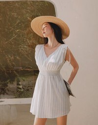 Shoulder Drawstring Striped Mini Dress