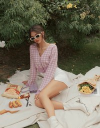 V Neck Plaid Button Down Knit Top