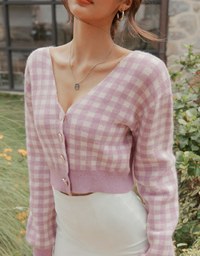 V Neck Plaid Button Down Knit Top