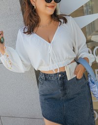 V Neck Creased Puff Sleeve Tie Ribbon Crop Top