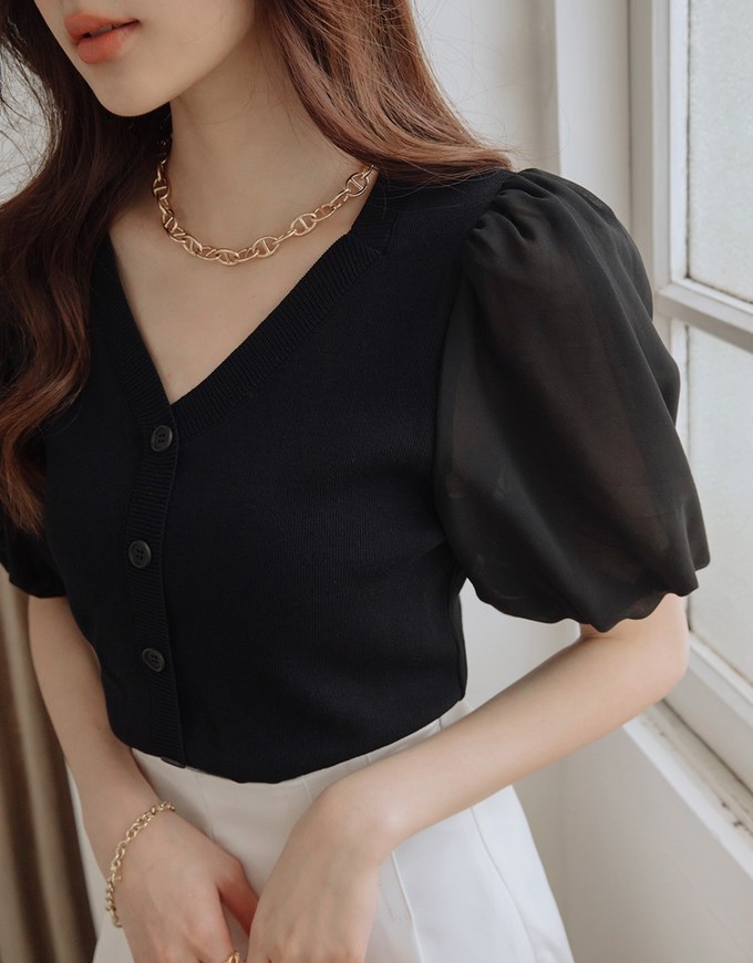 Elevated Detailing V-Neck Splice Puff Sleeve Crop Top - AIR SPACE