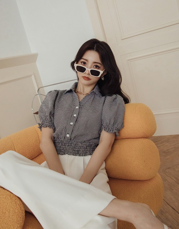 Checkered Lapel Collar Puff Sleeve Cinched Waist Top - AIR SPACE