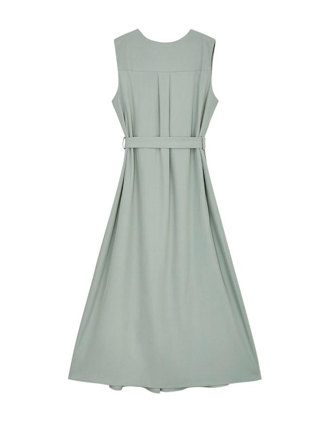 Elegant Pleated Slit Sleeveless Maxi Dress (With Sash) - AIR SPACE