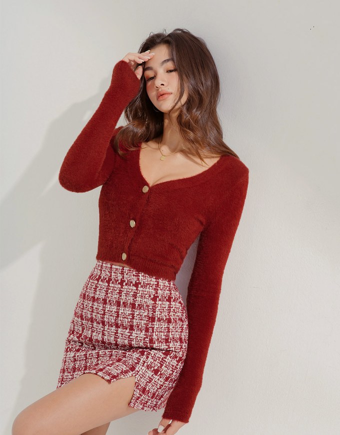 V-Neck Wool Button-Down Knit Top - AIR SPACE