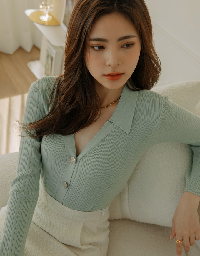 Lapel Collar Button Down Ribbed Knit Top Air Space